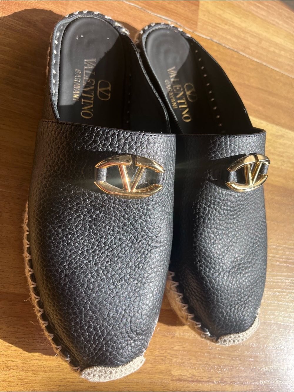 Valentino Black Leather Slip-On Espadrilles with Gold Logo